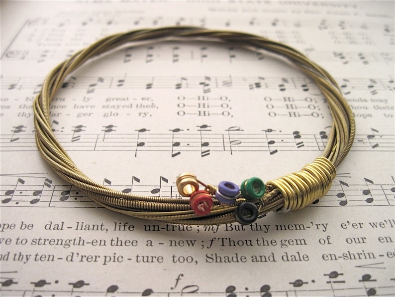 Recycled Acoustic Guitar String Bracelet gold colored with colored ball ends attached Mens or Womens Unique Musician Teacher Gift