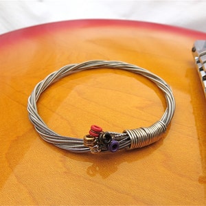 Recycled Electric Guitar String Bracelet silver colored with colored ball ends attached Mens or Womens OOAK Handmade Gift for Teens Musician