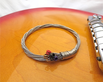 Recycled Electric Guitar String Bracelet silver colored with colored ball ends attached Mens or Womens OOAK Handmade Gift for Teens Musician