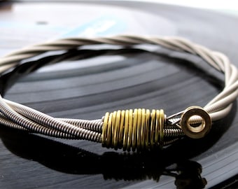 Recycled Bass Guitar String Bracelet silver colored with brass ball end attached Mens & Womens One of a Kind Handmade Gift Unisex Teens Gift