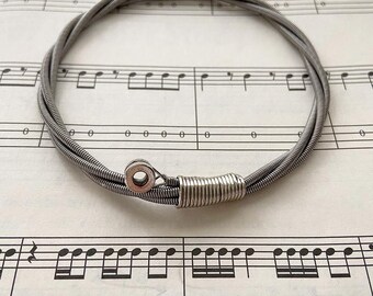 Recycled Bass Guitar String Bracelet silver colored with nickel ball end attached Mens or Womens Unique Gift Unisex DJ Musician Band