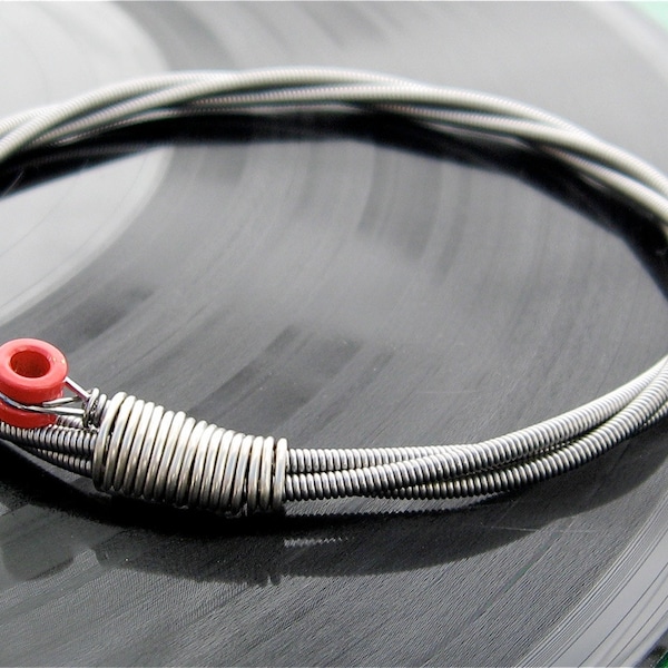 Recycled Bass Guitar String Bracelet with red brass ball end unisex One of a Kind Gift for Men or Women Musicians Teens Designated DJ