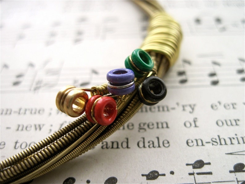 Recycled Acoustic Guitar String Bracelet gold colored with colored ball ends attached Mens or Womens Unique Musician Teacher Gift
