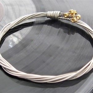 Recycled Electric Guitar String Bracelet silver colored with brass ball ends attached Unisex image 5