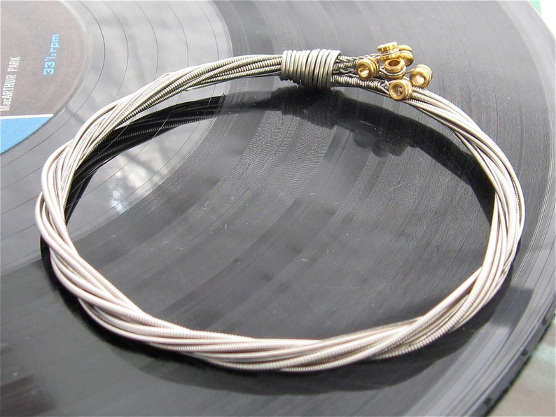 Recycled Electric Guitar String Bracelet silver colored with brass ball ends attached Unisex image 5