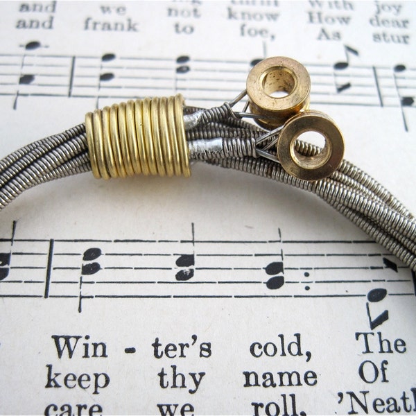 Recycled Bass Guitar String Bracelet silver colored with brass ball ends attached Unisex One of A Kind Gift