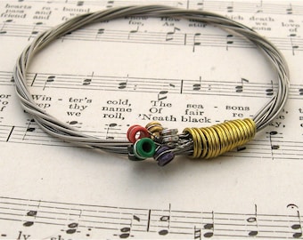 Recycled Electric Guitar String Bracelet silver colored with colored ball ends attached Unisex Teacher Gift Custom Orders Available Under 25