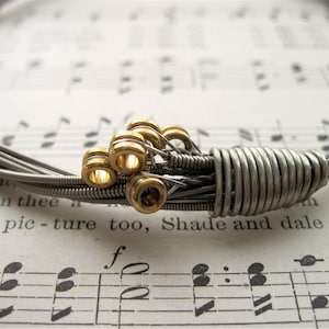 Recycled Electric Guitar String Bracelet silver colored with brass ball ends attached Mens Unique Gift