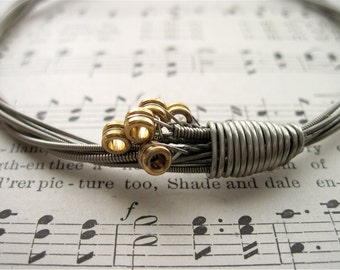 Recycled Electric Guitar String Bracelet silver colored with brass ball ends attached Mens Unique Gift