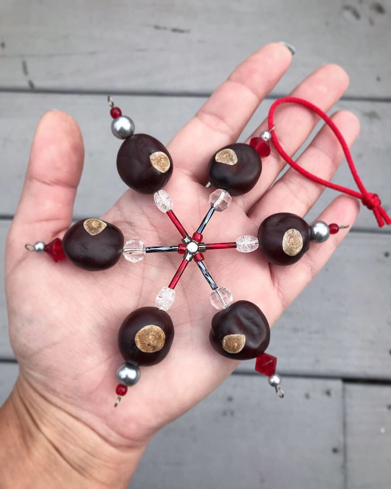 Buckeye Snowflake Ornament made with REAL Buckeye Nuts grown in Ohio zdjęcie 1