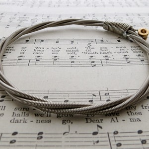 Recycled Bass Guitar String Bracelet silver colored with brass ball end attached Mens or Womens Unique Sustainable Handmade Gift