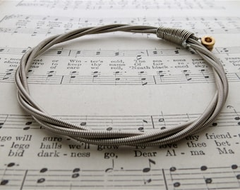 Recycled Bass Guitar String Bracelet silver colored with brass ball end attached Mens or Womens Unique Sustainable Handmade Gift