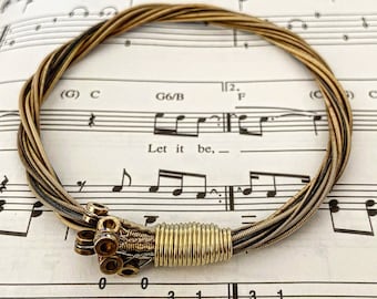 Recycled Acoustic Guitar String Bracelet gold colored with brass ball ends attached Mens or Womens Unique Sustainable Musician Gift