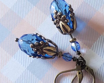 Art Nouveau Sapphire Blue Glass Earrings: Victorian Style Drop Earrings