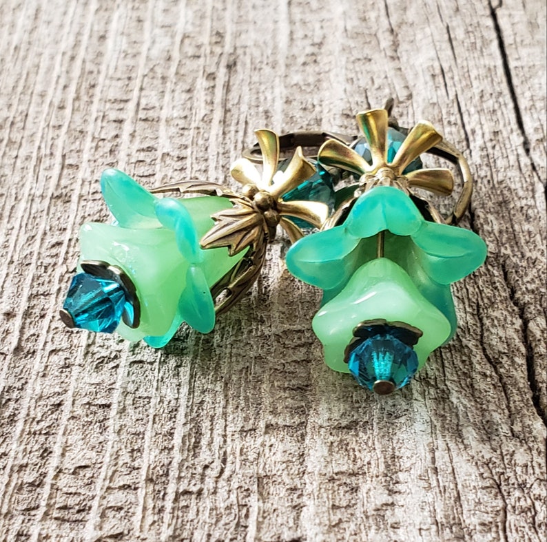 Victorian Lucite Flower Earrings Green Blue Tulips Swarovski Fairycore Bridesmaids Gift Idea Fairytale Wedding Vintage Renaissance Fair image 7