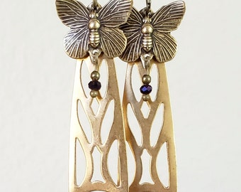 Art Deco Butterfly Earrings Vintage 1920's Art Nouveau Style Dangle Earrings Flapper Wedding Dress Birthday Gift Elegant Stylish Gold Brass