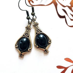 Victorian Earrings Jet Black Czech Glass Stone Art Nouveau Style Antiqued Brass Birthday Gift Romantic Wedding Vintage Dress