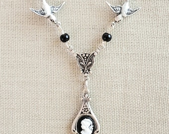 Elegant Victorian Cameo Pendant Necklace Black White Lady Birds Antiqued Silver Chain Birthday Gift Romantic Wedding Vintage Dress Fairycore