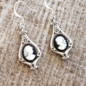 Victorian Cameo Earrings Black White Lady Antiqued Silver Earwires Birthday Gift Romantic Wedding Vintage Dress Gothic Dark Academia image 5