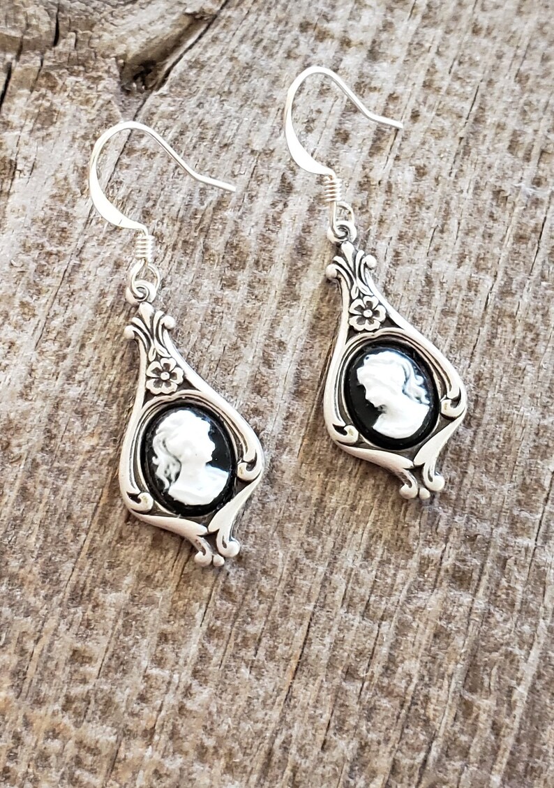 Victorian Cameo Earrings Black White Lady Antiqued Silver Earwires Birthday Gift Romantic Wedding Vintage Dress Gothic Dark Academia image 5