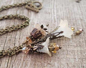 Victorian Gold White Blush Lucite Flower Pendant Necklace Floral Fairycore Necklace Vintage Fairytale Wedding Gift Renaissance Fair Dress