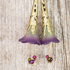 Lucite Trumpet Flower Earrings Hand painted Victorian Purple Green Lily Swarovski crystals Birthday gift idea Romantic Bohemian Wedding image 5