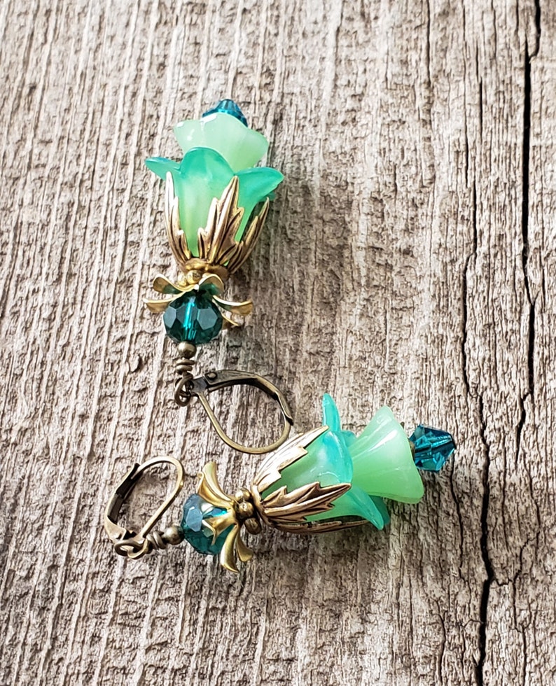 Victorian Lucite Flower Earrings Green Blue Tulips Swarovski Fairycore Bridesmaids Gift Idea Fairytale Wedding Vintage Renaissance Fair image 8