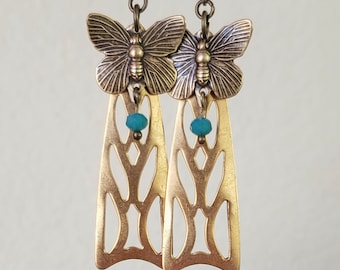 Art Deco Butterfly Earrings Vintage 1920's Art Nouveau Style Dangle Earrings Flapper Wedding Dress Birthday Gift Elegant Stylish Gold Brass