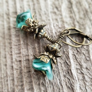 Edwardian Glass Flower Earrings Green Tulips Dangling Birthday Bridesmaids gift Victorian Bohemian Romantic Wedding Vintage Fairycore Dress image 1