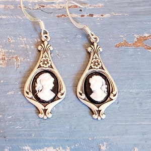 Victorian Cameo Earrings Black White Lady Antiqued Silver Earwires Birthday Gift Romantic Wedding Vintage Dress Gothic Dark Academia image 6