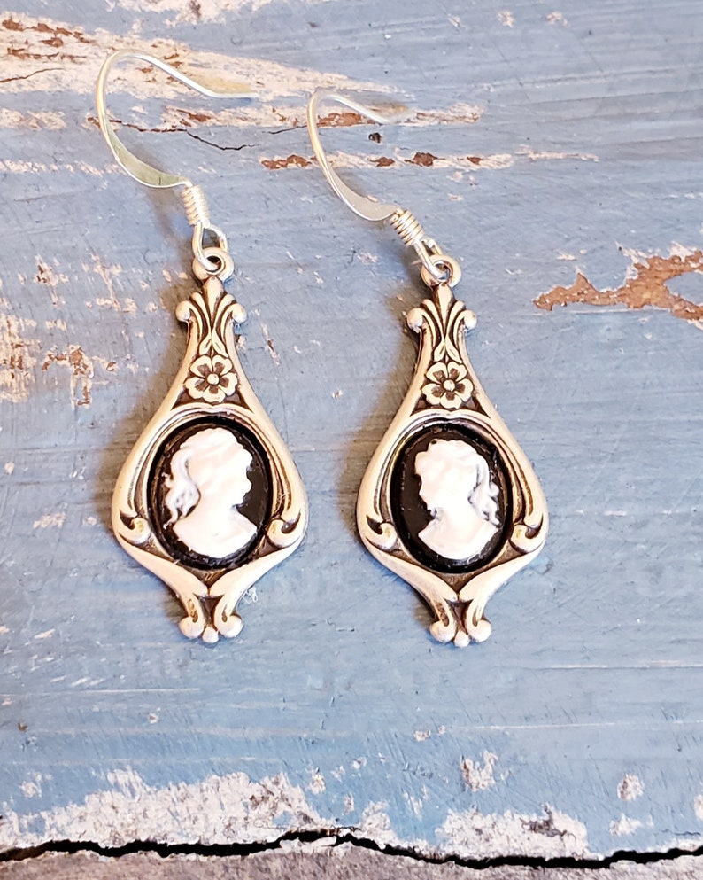 Victorian Cameo Earrings Black White Lady Antiqued Silver Earwires Birthday Gift Romantic Wedding Vintage Dress Gothic Dark Academia image 6