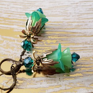 Victorian Lucite Flower Earrings Green Blue Tulips Swarovski Fairycore Bridesmaids Gift Idea Fairytale Wedding Vintage Renaissance Fair image 5