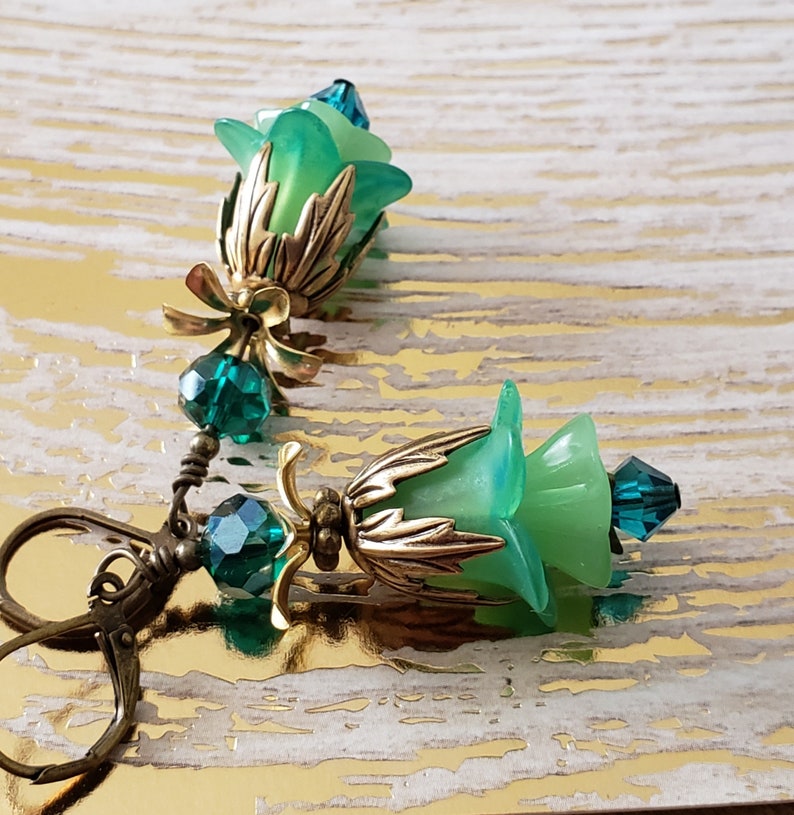 Victorian Lucite Flower Earrings Green Blue Tulips Swarovski Fairycore Bridesmaids Gift Idea Fairytale Wedding Vintage Renaissance Fair image 5