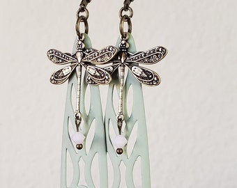 Art Deco Dragonfly Earrings Vintage 1920's Art Nouveau Style Dangle Earrings Wedding Dress Birthday Gift Green Pastel Pink Swarovsky Crystal