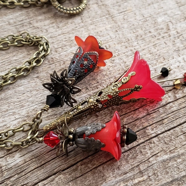 Victorian Red Lucite Flower Pendant Necklace Floral Fairycore Necklace Bohemian Dress Fairytale Wedding  Birthday Gift Renaissance Fair