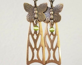 Art Deco Butterfly Earrings Vintage 1920's Art Nouveau Style Dangle Earrings Wedding Dress Birthday Gift Green Cat Eye Bead Gold Brass