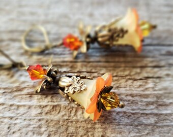 Victorian Lucite Flower Earrings Yellow Orange Tulips Romantic Fairy Dress Bohemian Wedding Birthday gift Renaissance Fair Vintage Jewelry