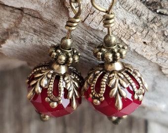 Victorian Faceted Crystal Glass Earrings Ruby Red Dangle Earrings Birthday Bohemian Romantic Style Wedding Vintage Bronze Edwardian Dress