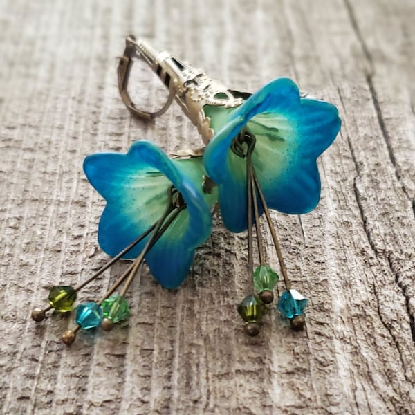 Lucite Flower Earrings Hand painted Victorian Blue Green Trumpet Lily Swarovski crystals Bohemian Birthday gift idea Wedding Bridesmaids