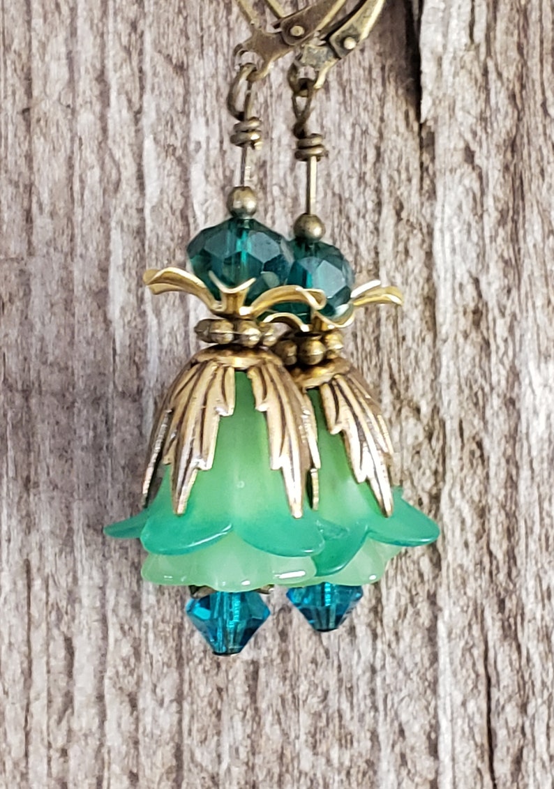 Victorian Lucite Flower Earrings Green Blue Tulips Swarovski Fairycore Bridesmaids Gift Idea Fairytale Wedding Vintage Renaissance Fair image 4