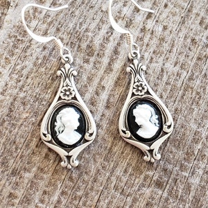 Victorian Cameo Earrings Black White Lady Antiqued Silver Earwires Birthday Gift Romantic Wedding Vintage Dress Gothic Dark Academia image 2