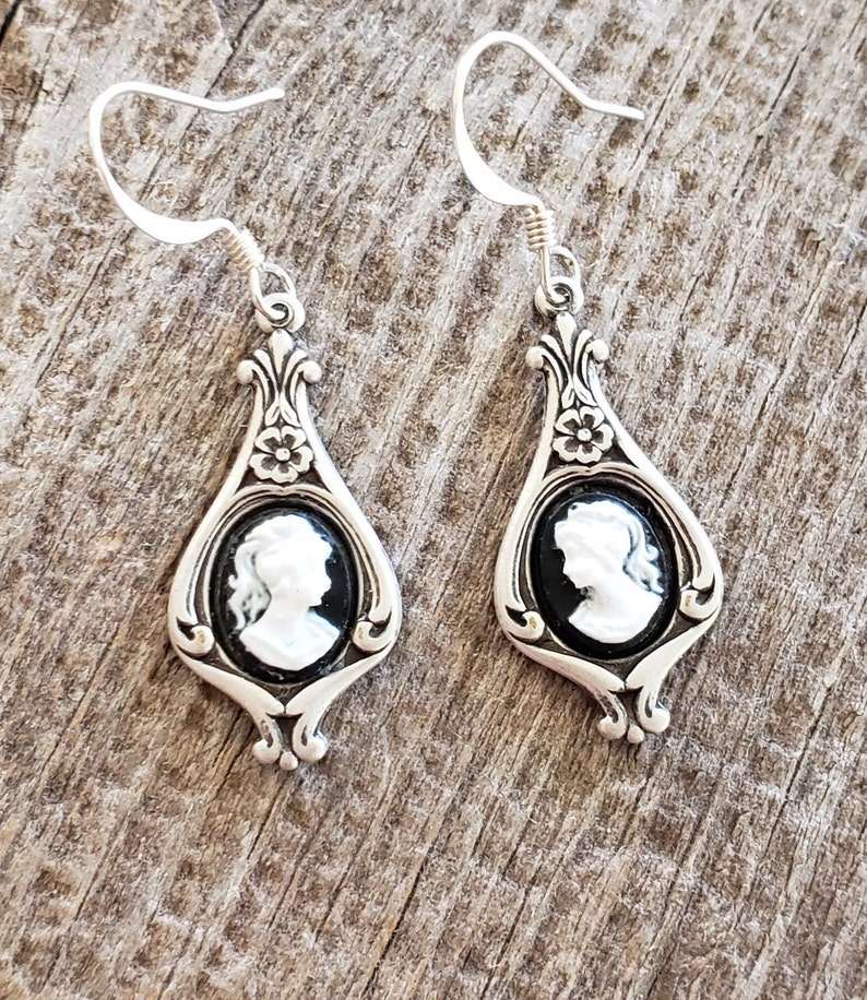 Victorian Cameo Earrings Black White Lady Antiqued Silver Earwires Birthday Gift Romantic Wedding Vintage Dress Gothic Dark Academia image 2