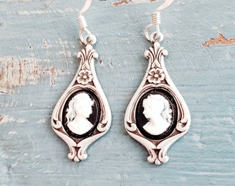 Victorian Cameo Earrings Black White Lady Antiqued Silver Earwires Birthday Gift Romantic Wedding Vintage Dress Gothic Dark Academia