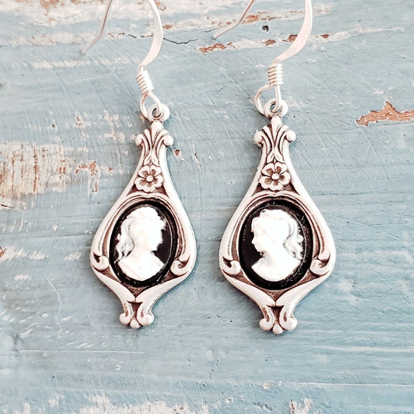 Victorian Cameo Earrings Black White Lady Antiqued Silver Earwires Birthday Gift Romantic Wedding Vintage Dress Gothic Dark Academia