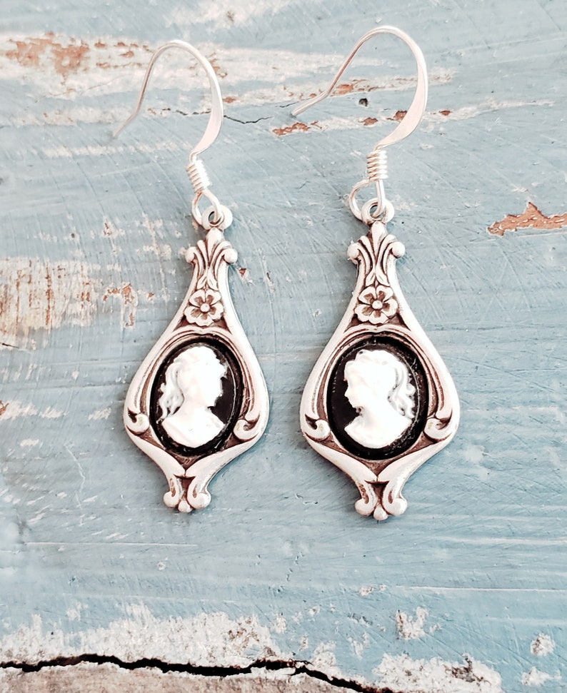 Victorian Cameo Earrings Black White Lady Antiqued Silver Earwires Birthday Gift Romantic Wedding Vintage Dress Gothic Dark Academia image 1