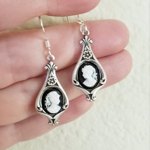 Victorian Cameo Earrings Black White Lady Antiqued Silver Earwires Birthday Gift Romantic Wedding Vintage Dress Gothic Dark Academia image 3
