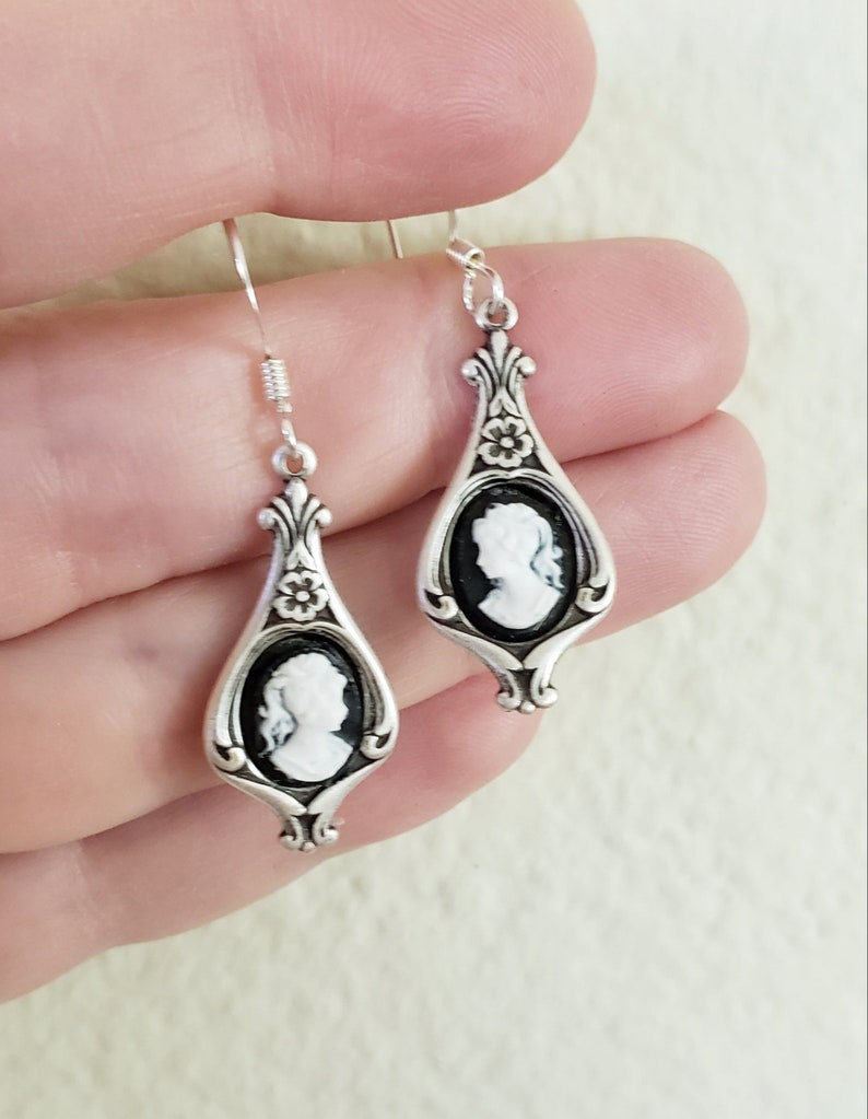 Victorian Cameo Earrings Black White Lady Antiqued Silver Earwires Birthday Gift Romantic Wedding Vintage Dress Gothic Dark Academia image 3