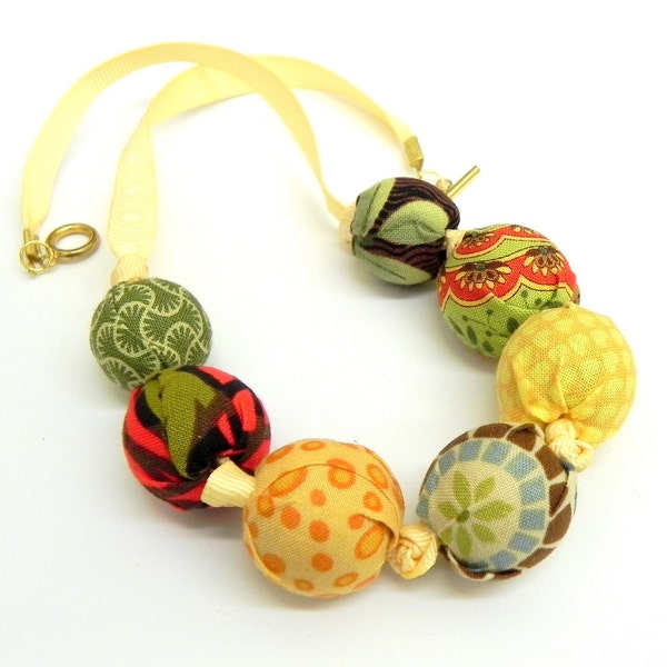 Fabric Necklace - Handmade beads - Green, red, brown, orange, teal blue and yellow