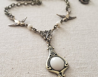 Elegant Victorian Bird Necklace Antiqued Brass Ox Bone Sparrow Pendant Birthday Gift Romantic Wedding Vintage Dress Fairycore Jewelry