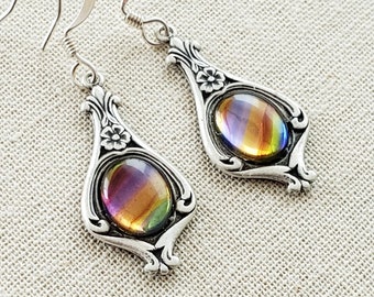 Victorian Earrings Antiqued Silver Pendant Vintage German Rainbow Glass Cabochons Bridal Birthday Gift Romantic Wedding Choose your Earwires